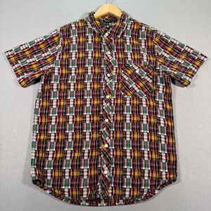 LRG Woven Button Up Shirt Mens Medium Multicolored Madras Plaid Abstract Loud